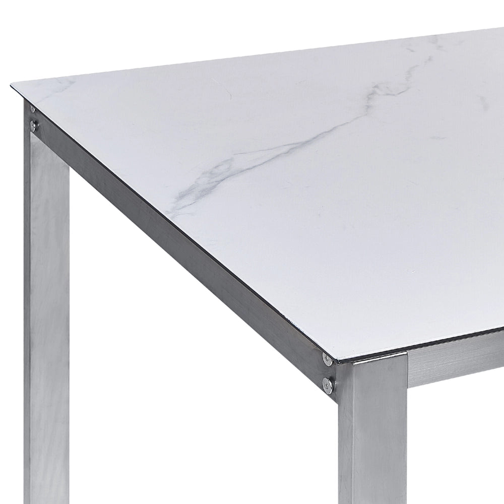 Set da giardino con 4 posti in acciaio inox con tavolo piano in vetro effetto marmo e Sedie in tessuto bianco esterno moderno set elegante