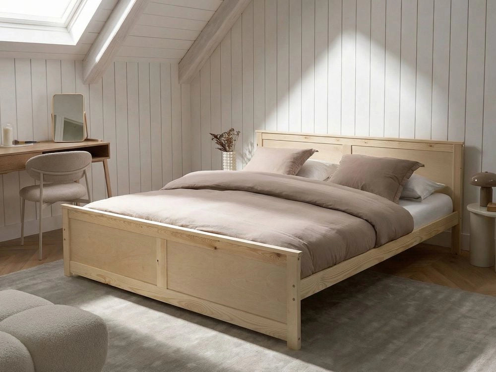 Letto matrimoniale in legno naturale marrone chiaro 180 x 200 cm con testiera in stile scandinavo