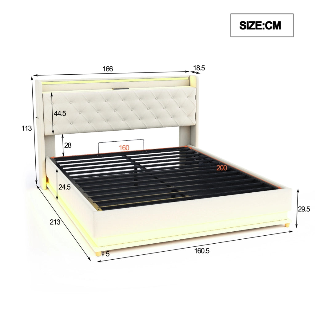 Letto matrimoniale imbottito LED 160x200 cm con porta USB e contenitore idraulico; beige