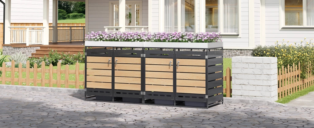 OKWISH Copribidoni 4 vani con fioriera integrata, 4 scomparti con serratura, ventilazione, ferro nero