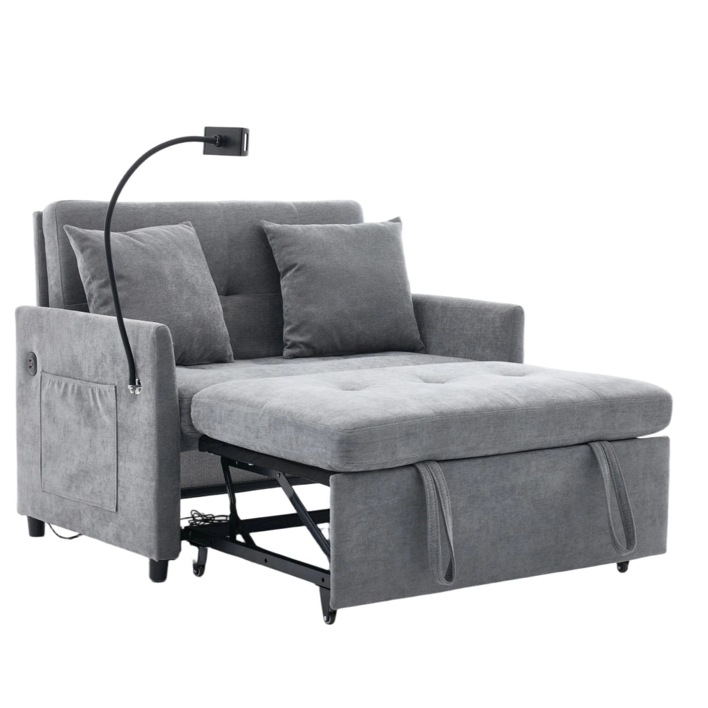Divano letto pieghevole moderno con USB; supporto tablet e rivestimento grigio