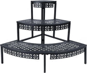 Trapezza a tre livelli in metallo per fiori, piantatrapezza, panca per fiori, piantale, panca per fiori, piantastanda per balcone e giardino, interna ed esterna, panca per fiori multifunzionale con grande capacità, rotonda, nera