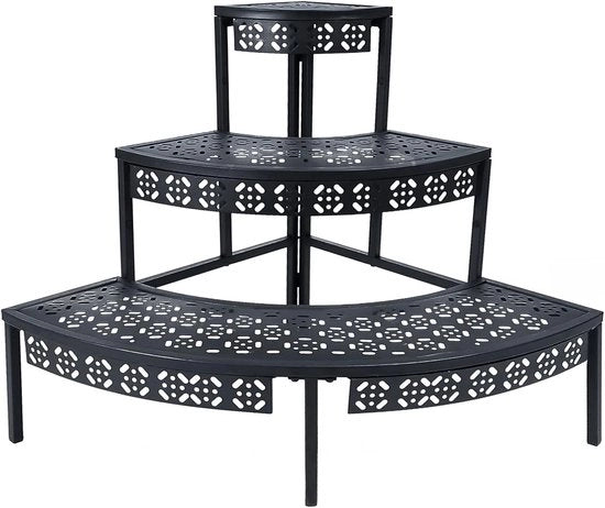 Trapezza a tre livelli in metallo per fiori, piantatrapezza, panca per fiori, piantale, panca per fiori, piantastanda per balcone e giardino, interna ed esterna, panca per fiori multifunzionale con grande capacità, rotonda, nera