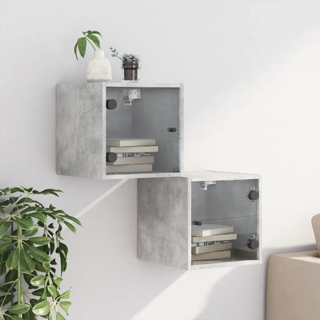 Comodini con Ante in Vetro 2pz-Set di 2 Tavolino da notte Grigio Cemento 35x37x35 cm