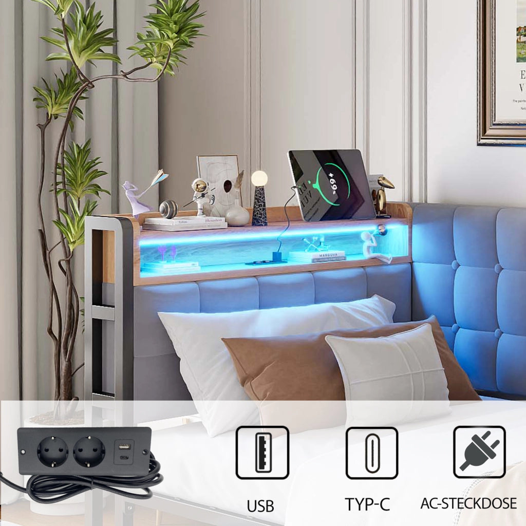 OKWISH Letto Divano 90×200 cm, Letto Singolo con 2 Cassetti, LED Regolabile e USB e Tipo C, senza Materasso, in Tessuto, Grigio