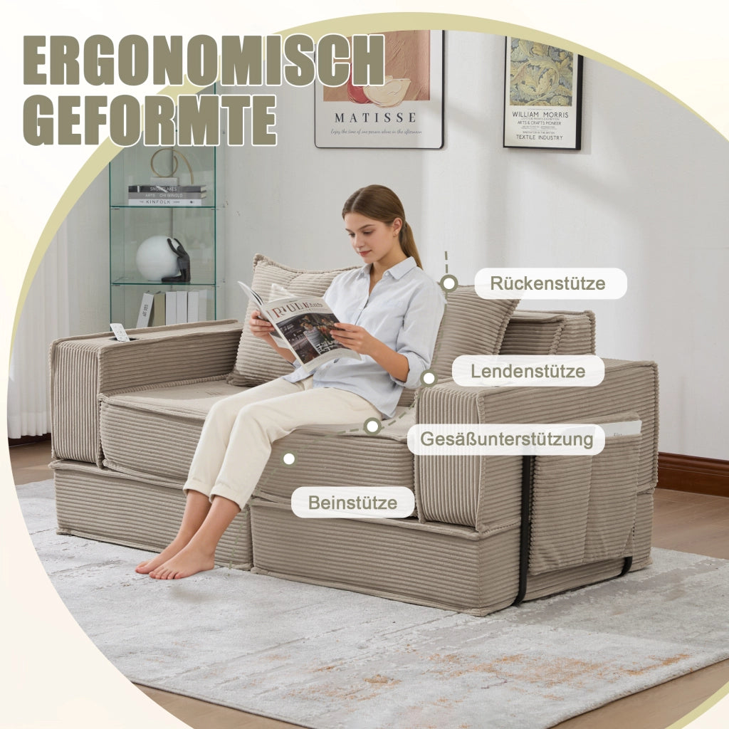 Pouf sofa modulare con tasche laterali e due cuscini in velluto a coste kaki per relax 162 × 78 × 66 cm
