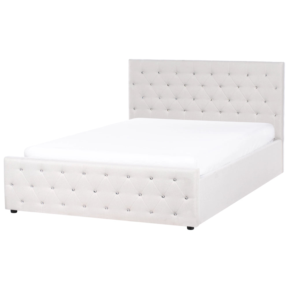 Letto matrimoniale imbottito in poliestere beige con testata imbottita con pouf 160 x 200 cm testiera doppia trapuntata