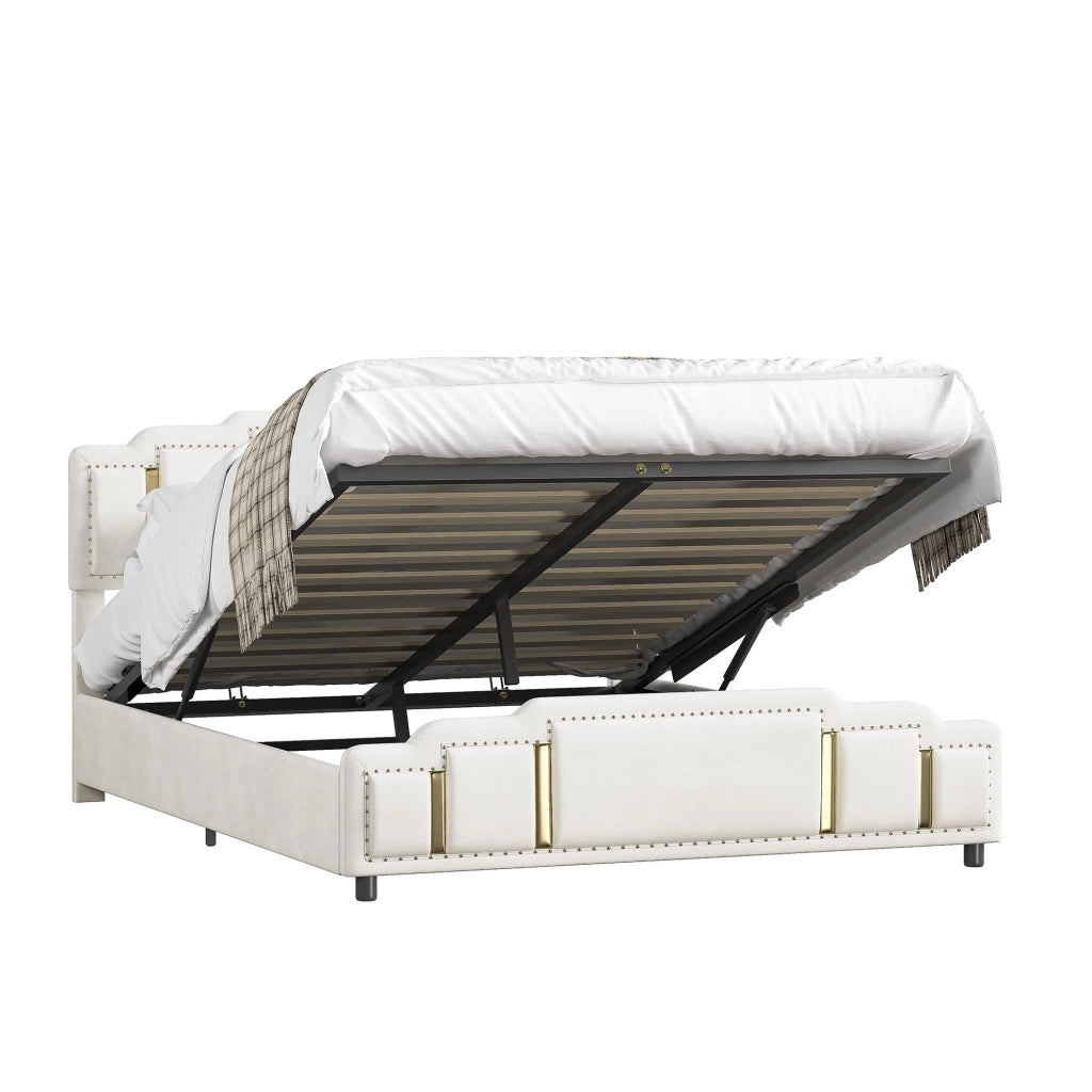 Letti contenitori 160x200 cm con sollevamento idraulico; velluto beige