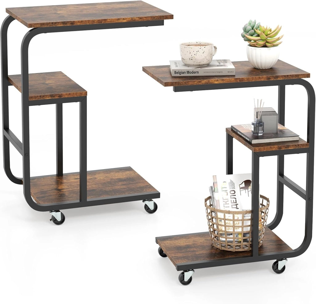 Set di 2 tavolini a forma di C, per PC portatile con ruote, tavolino da caffè a 3 livelli, design industriale