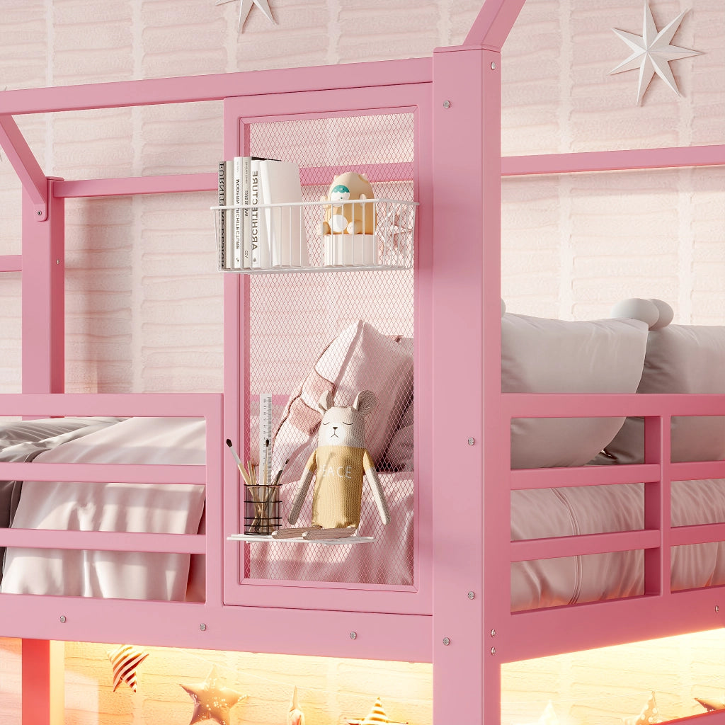 Letto a soppalco per bambini a casetta rosa 140x200 cm con scivolo; LED e scaletta