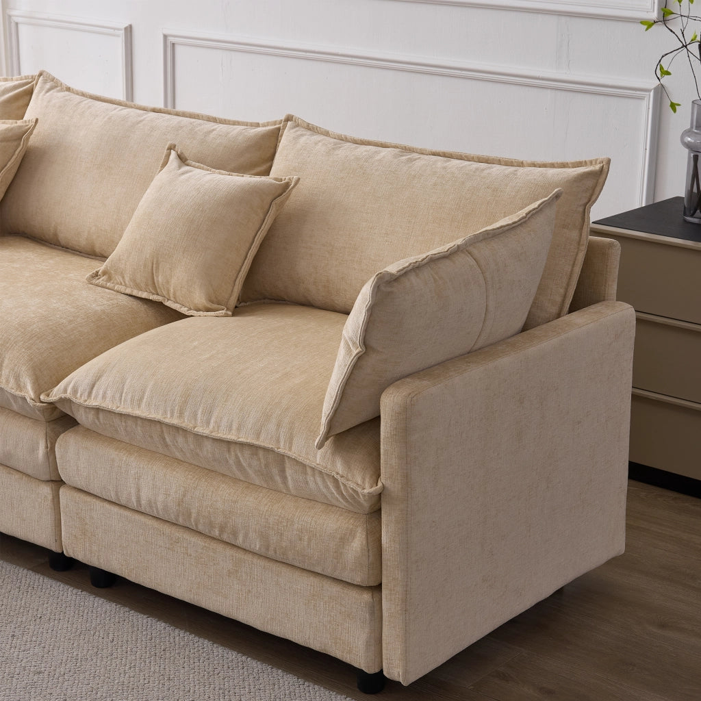 Divano angolare modulare 3 posti con chaise longue e pouf; design componibile in chenille - caffè chiaro