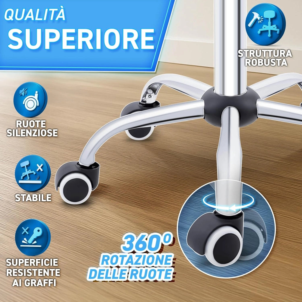 Sgabello con ruote con schienale blu, altezza regolabile da 46 a 58 cm, con ruote, sgabello girevole per cosmetici
