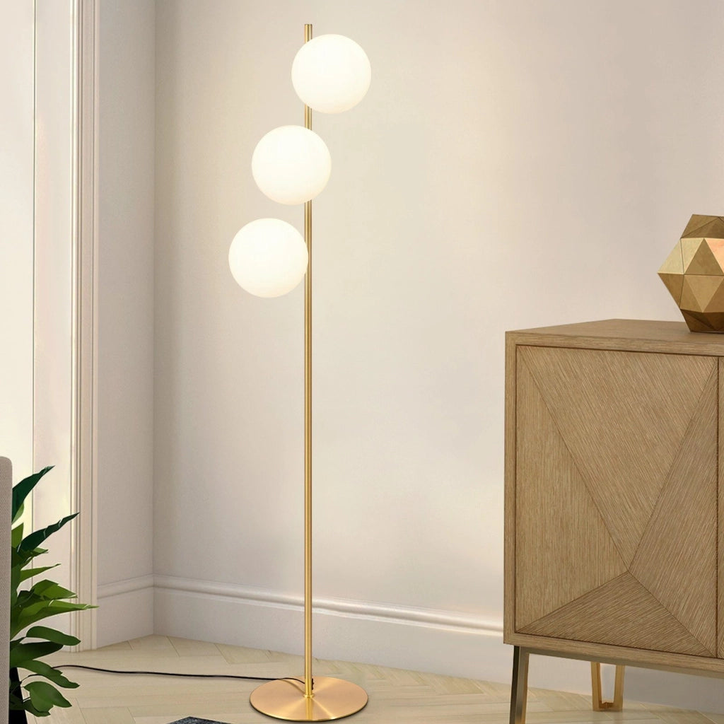 ZMH Lampada da terra moderna 3 fiamme E27 oro metallo vetro bianco interruttore pedale industriale per soggiorno