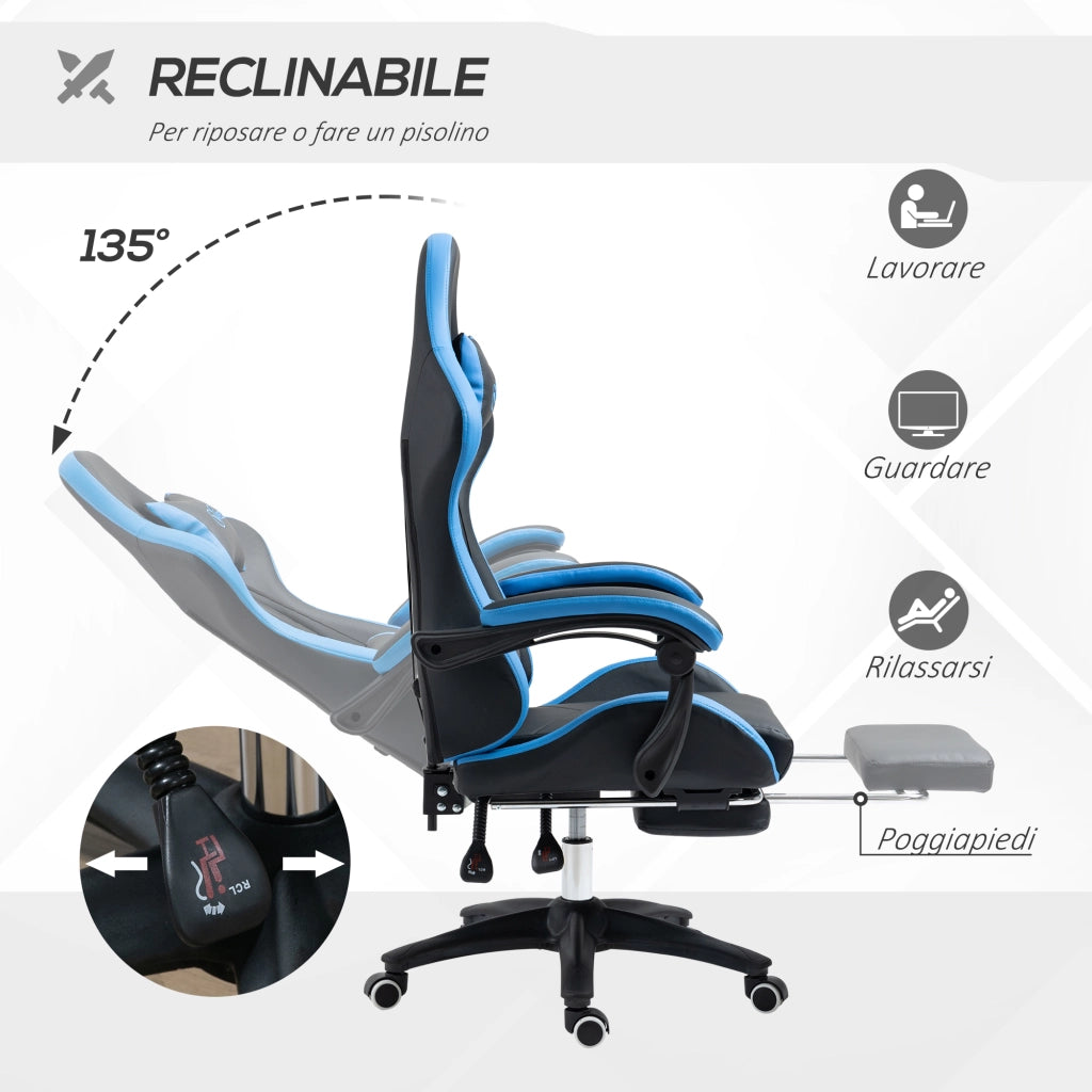 Sedia da Gaming con Altezza Regolabile e Schienale Reclinabile, 65x65x121-129 cm, Blu e Nero