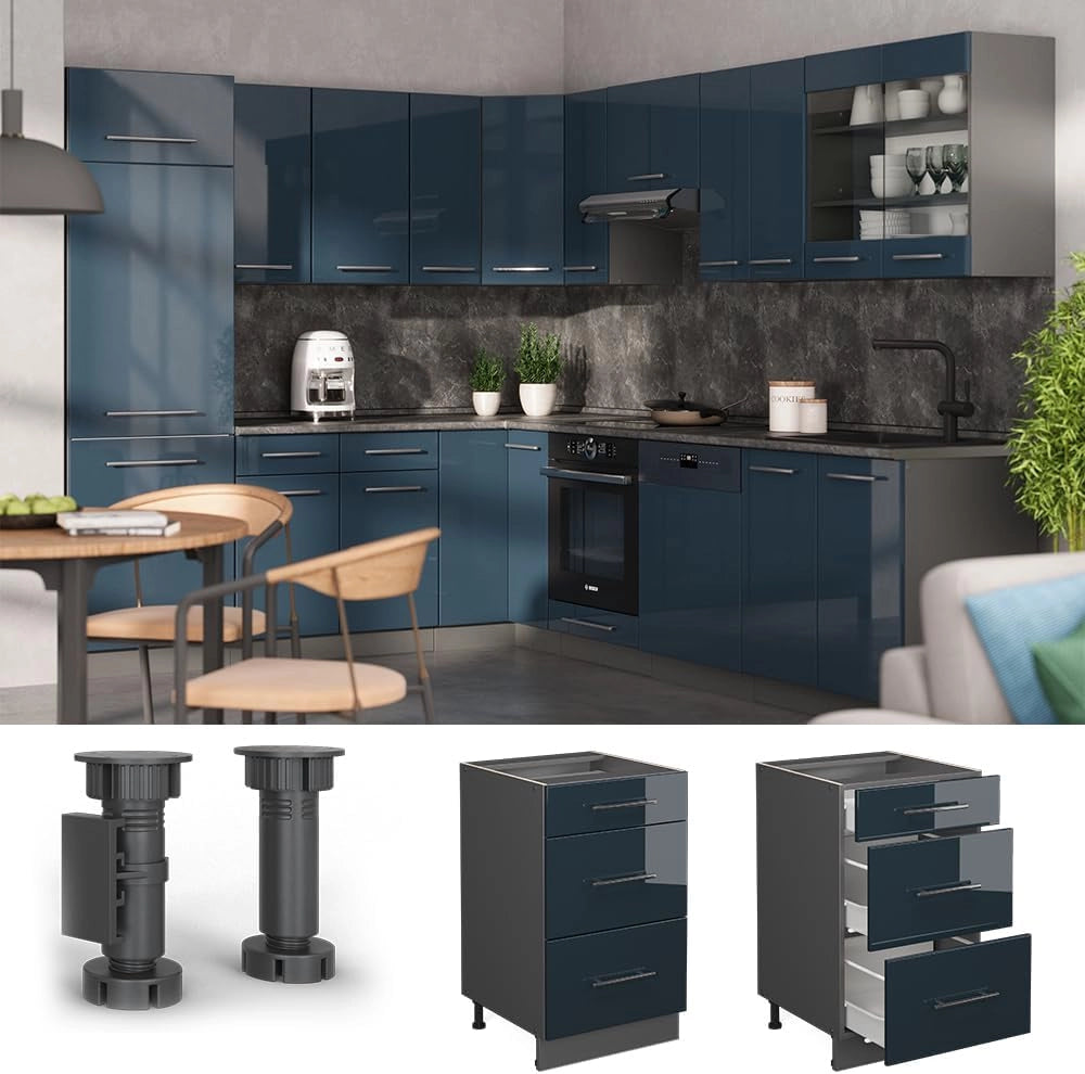 Mobiletto base per cucina Fame-Line, Blu scuro lucido, 50 cm, PL Rovere, per la combinazione con altri moduli della serie Fame-Line