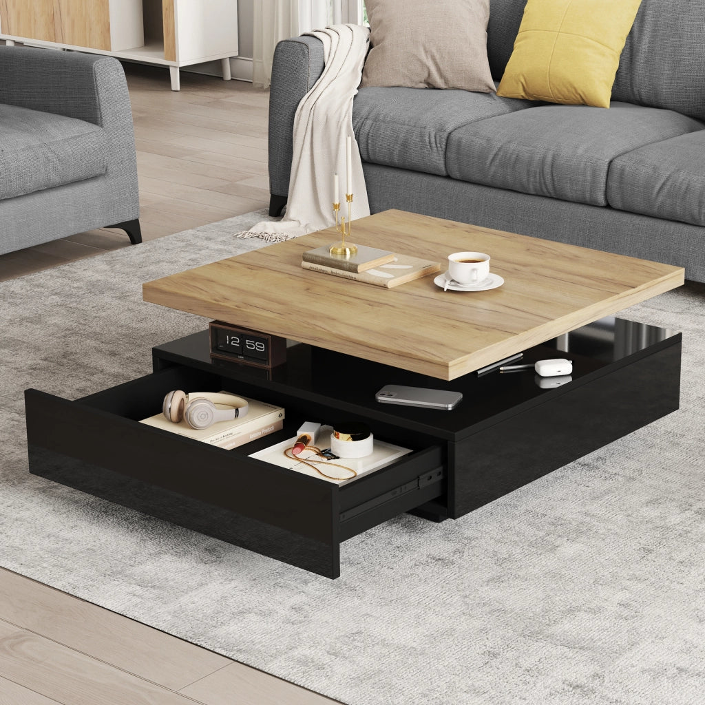 TAVOLO DA SALOTTO Girevole 360° 70x70x36 cm Noce e Nero Lucido con cassetto