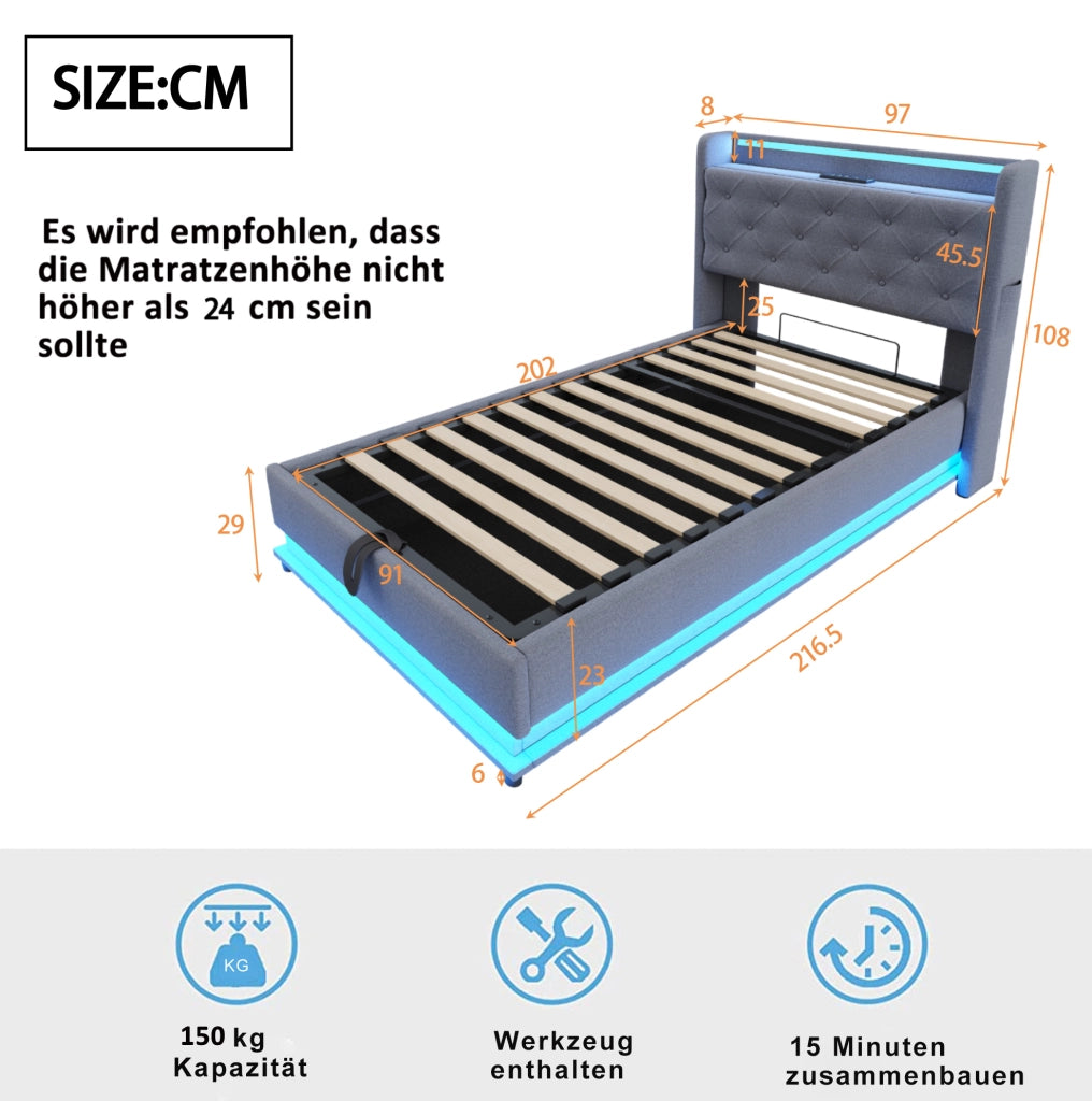 Letto imbottito singolo 90x200 cm con LED; USB e contenitore idraulico; grigio