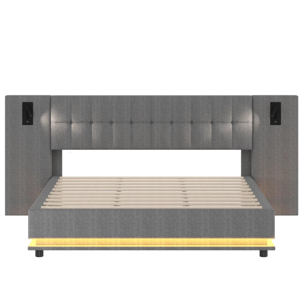 Letto imbottito con LED, USB e luce spot, 180 x 200 cm, grigio