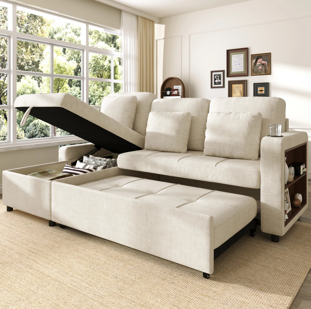 DIVANO LETTO 3 Posti Estraibile con Récamiere e Contenitore in Chenille Beige Chiaro