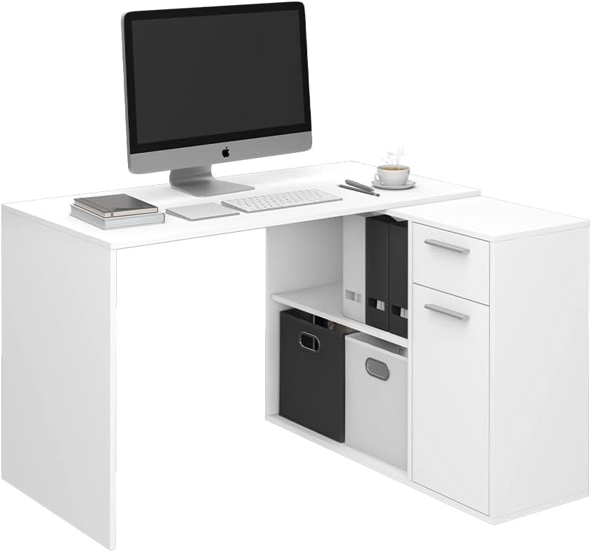 Scrivania angolare Robin, Bianco, 120 x 60 cm, con cassetto estraibile e possibilità di posizionamento variabile
