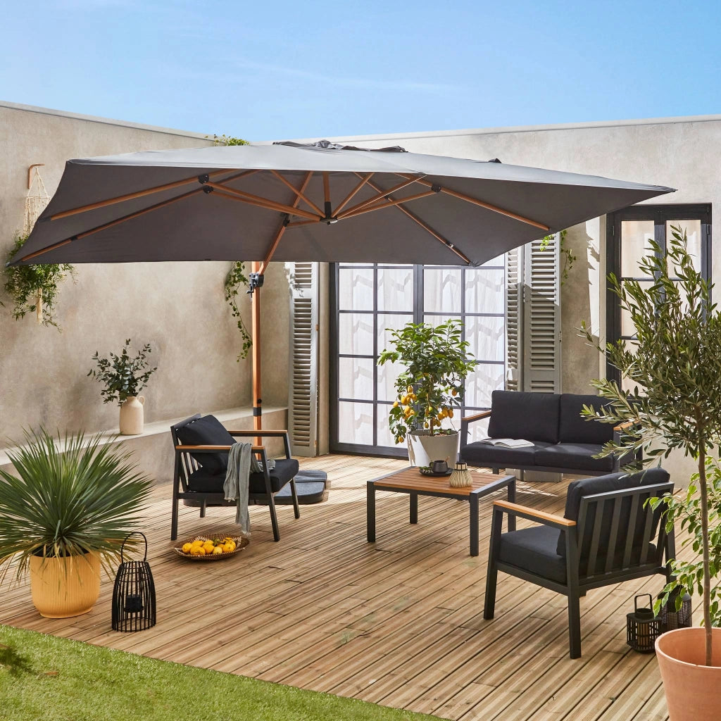 Ombrellone rettangolare asta effetto legno, 3x4m, grigio