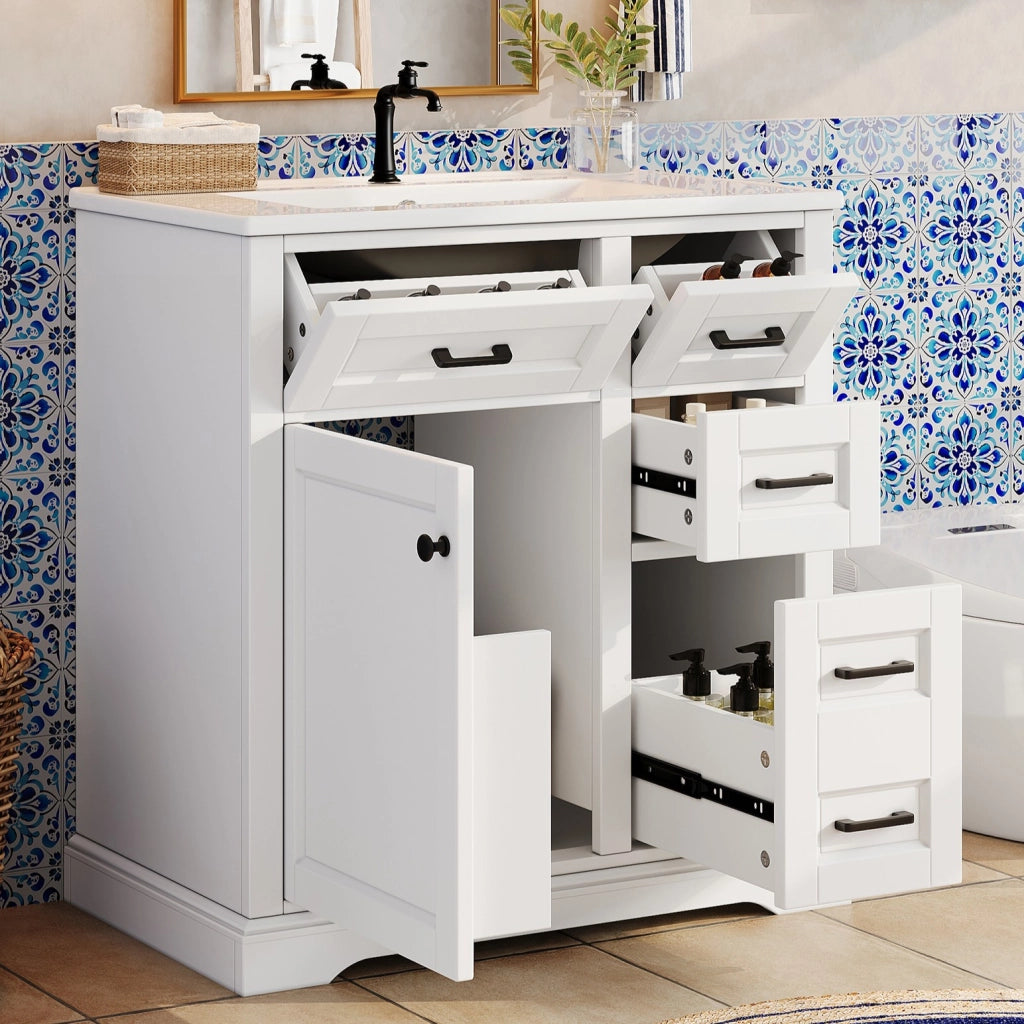 Mobile bagno sospeso a terra con lavabo in ceramica integrato, finitura laccata bianca, 76 x 47 x 82 cm