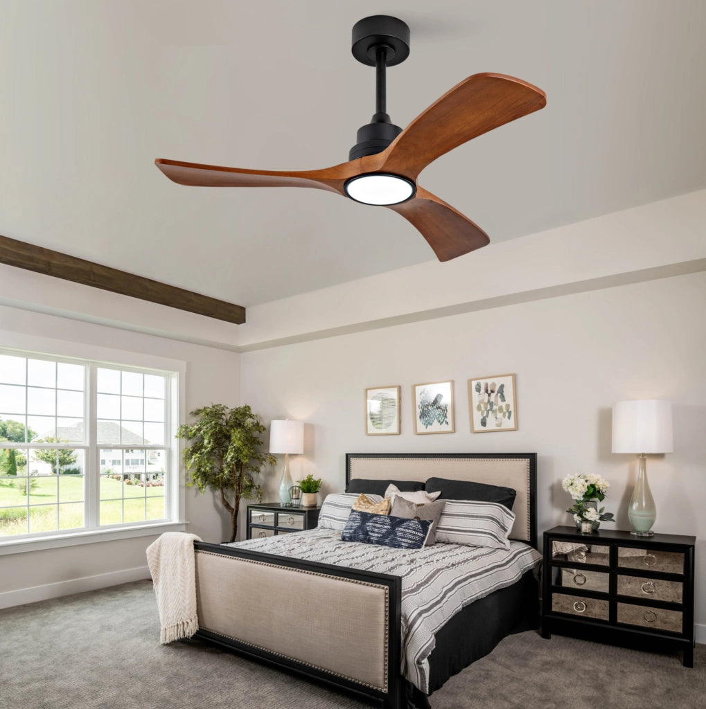Ventilatore da soffitto con luce LED 42 pollici; 3 pale in legno massello; nero e noce scuro