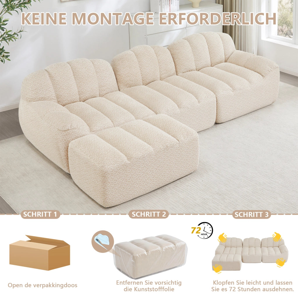 Divano modulare ad angolo con seduta profonda e pouf, per soggiorno, in pile granulato beige bianco 288 × 165 × 79 cm