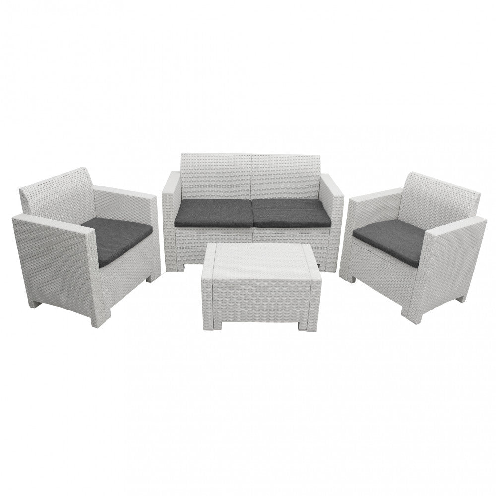 Set Salotto da Giardino Divano 2 Poltrone e Tavolino con Cuscini in Plastica Bianco