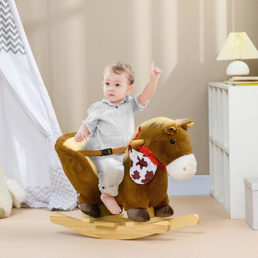 Cavallo a Dondolo per Bambini in Legno e Peluche Cavallino Marrone