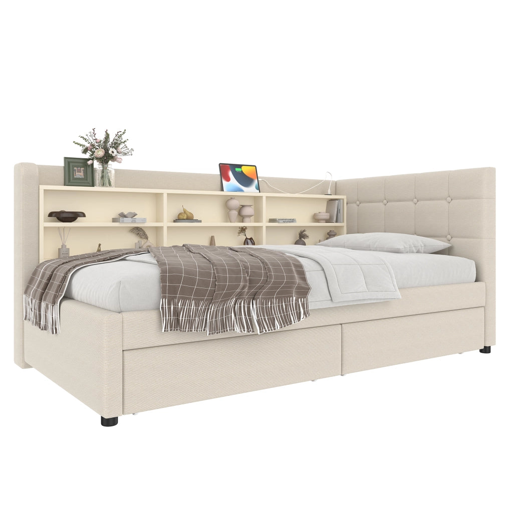 Letto a giorno con 2 cassetti; porta USB e Tipo-C; ripiani e doghe; lino beige; 90x200 cm; senza materasso