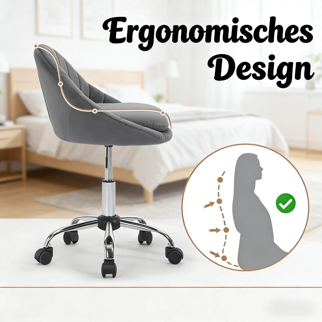 Sedia da ufficio girevole con Altezza Regolabile, Design Ergonomico e Ruote, in Velluto, Grigio Scuro