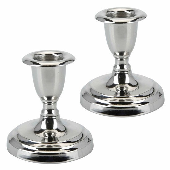 Set di 2 candelabri in argento di metallo, altezza 8 cm, sospensione per candele con piede rotondo e forma conica