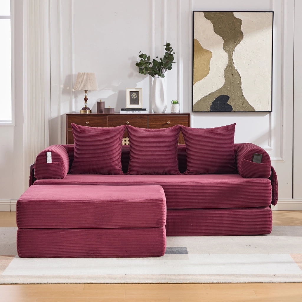 Divano modulare in corduroy con pouf e tasca laterale 200x190x67 cm; bordeaux vino