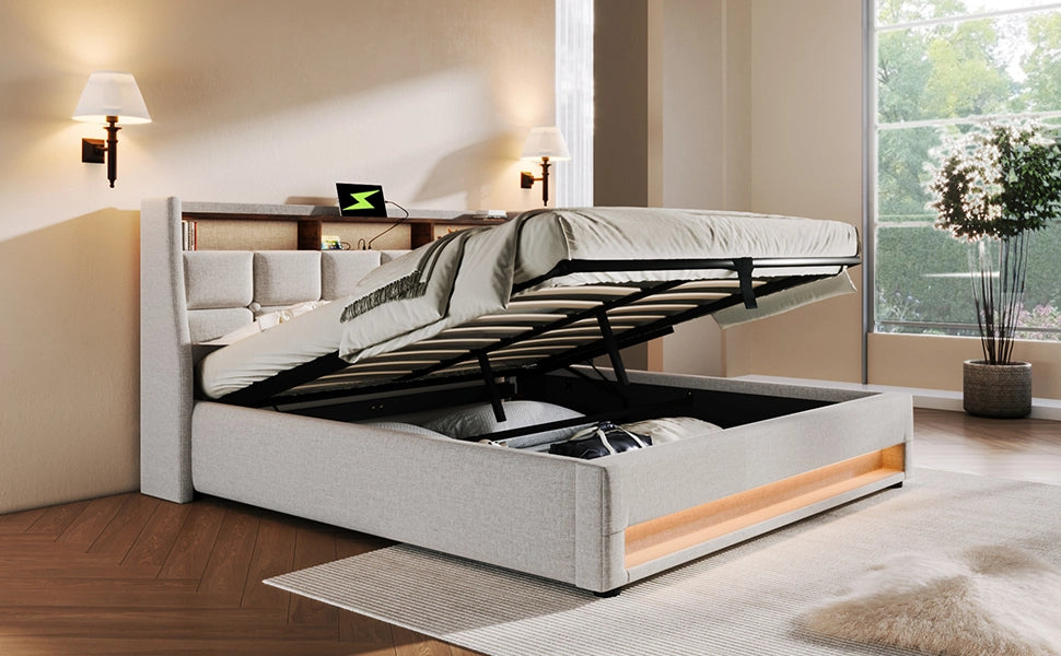 DESMIU Letto contenitore 140 × 200 cm 2 posti con USB, LED, vano letto e materasso, in lino, beige
