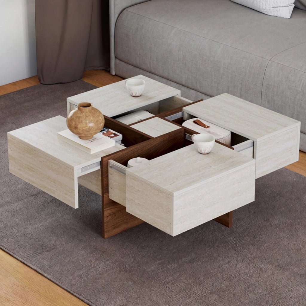 IDMarket - Tavolino quadrato TALIA da 70 cm con cassetti in legno effetto noce e piano in travertino