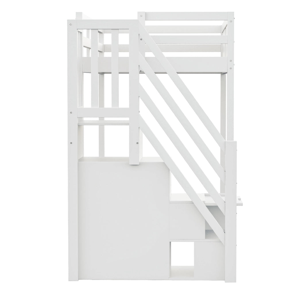 Letto a soppalco 90 × 200 cm con scala laterale reversibile e ripiani integrati in legno bianco