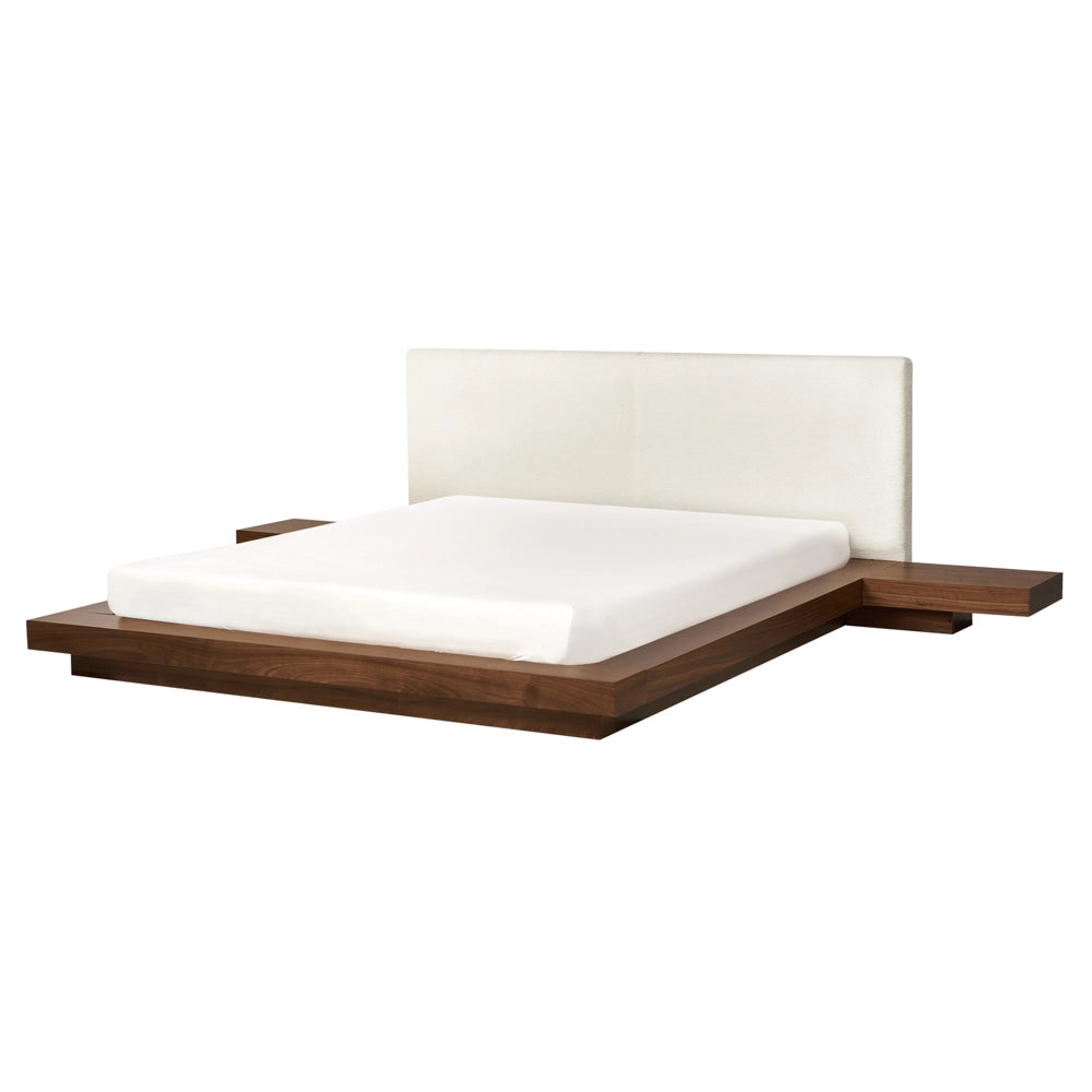 Letto ad acqua in stile giapponese marrone frassino marrone bouclé testata 160 x 200 cm legno impiallacciato camera da letto a basso profilo