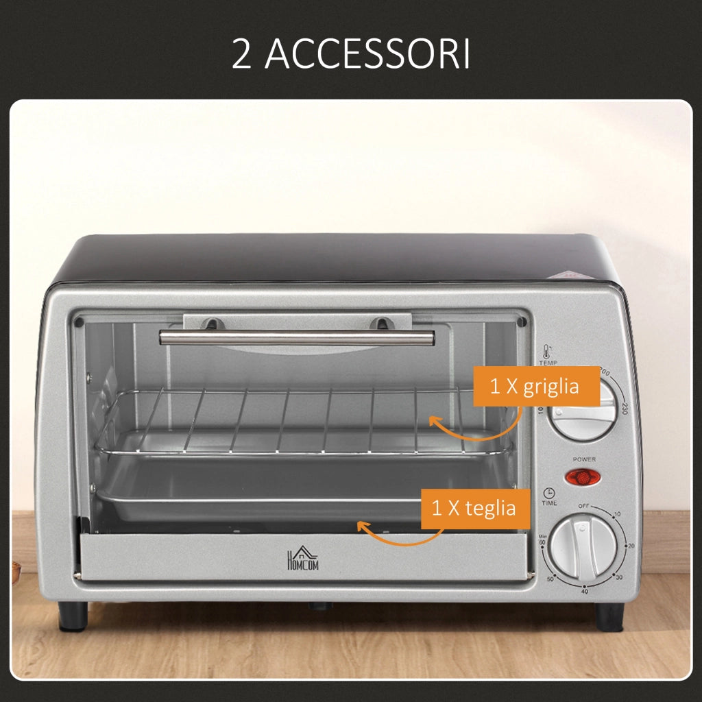 EasyComfort Fornetto Elettrico 10L Temperatura Regolabile e Timer, Griglia e Teglia Incluse, 750W, 36.5x26x22cm, Argento Nero