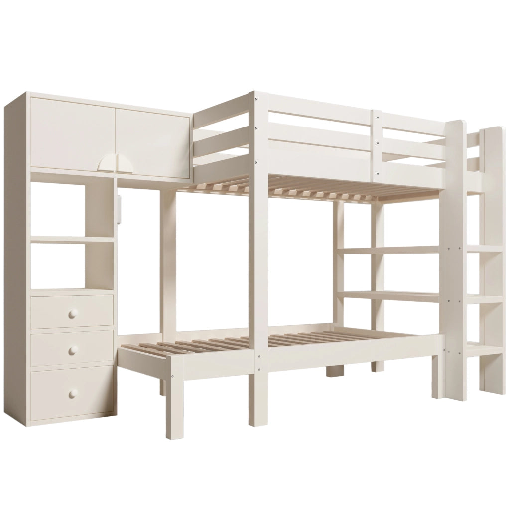 Letto a castello sfalsato 90x200 cm con luce LED notturna; armadio; ripiani e cassetti; bianco