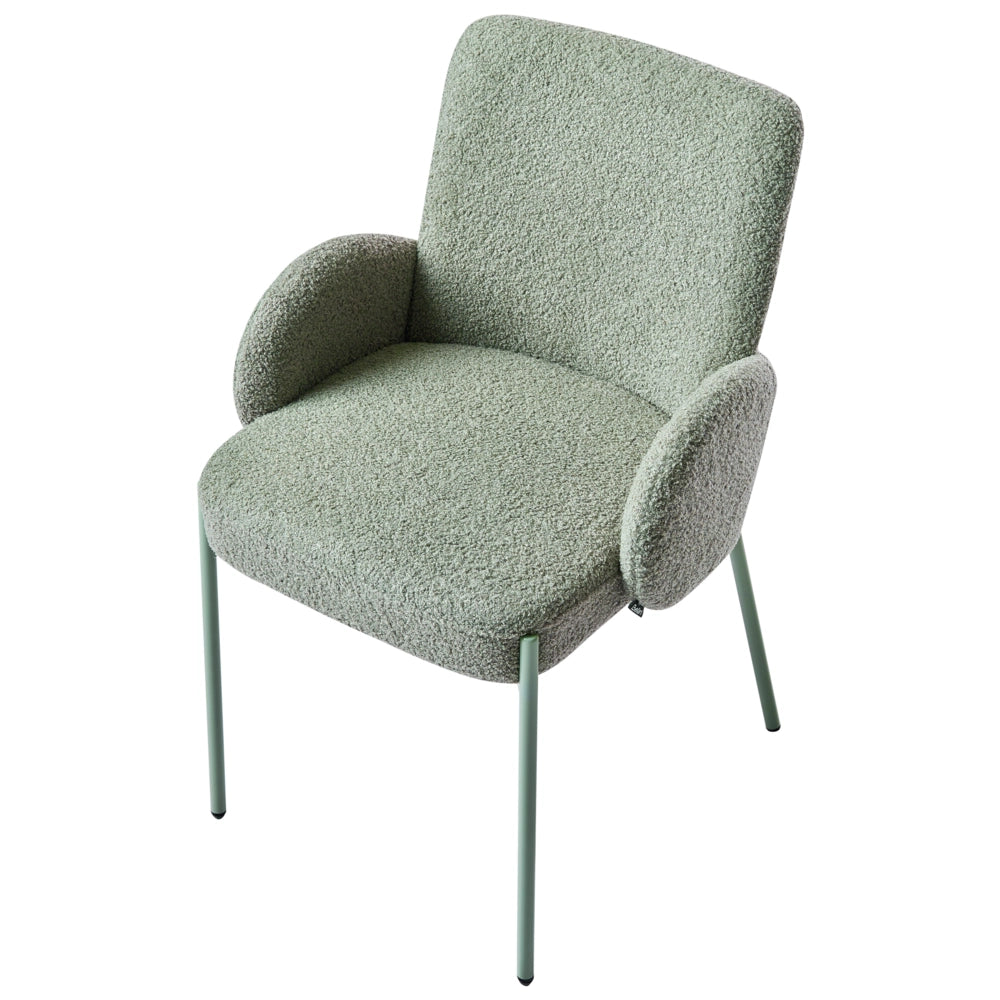 Sedia da sala da pranzo Rivestimento bouclé verde chiaro Base leggera Struttura in ferro Design retrò