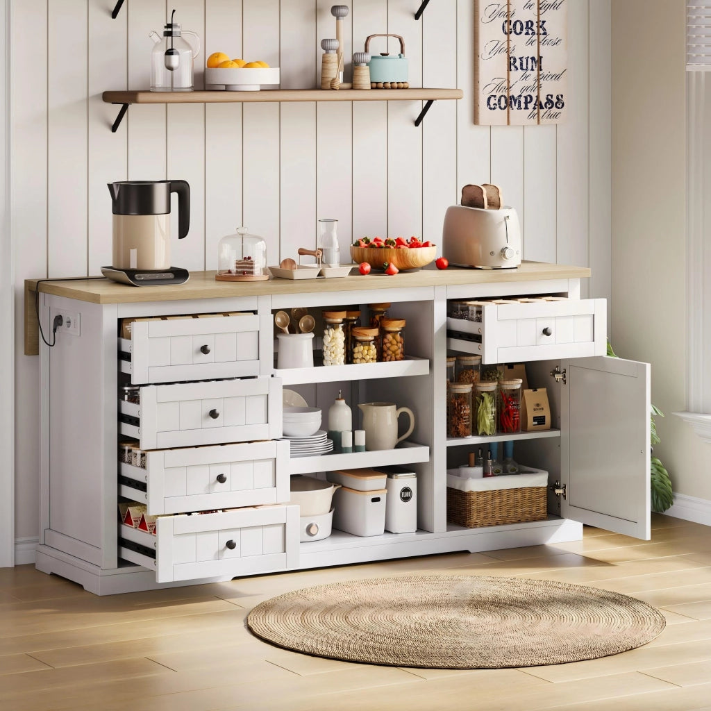 Credenza da Cucina con 5 Cassetti; 2 Ripiani Estraibili; Piano Ribaltabile e Prese; 150x65x75;5 cm
