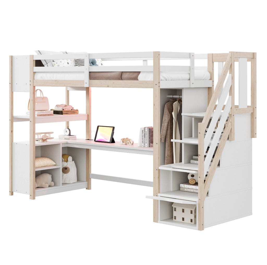 Letto a soppalco multifunzione 90x200 cm con scrivania; armadio; LED e scale contenitive; bianco