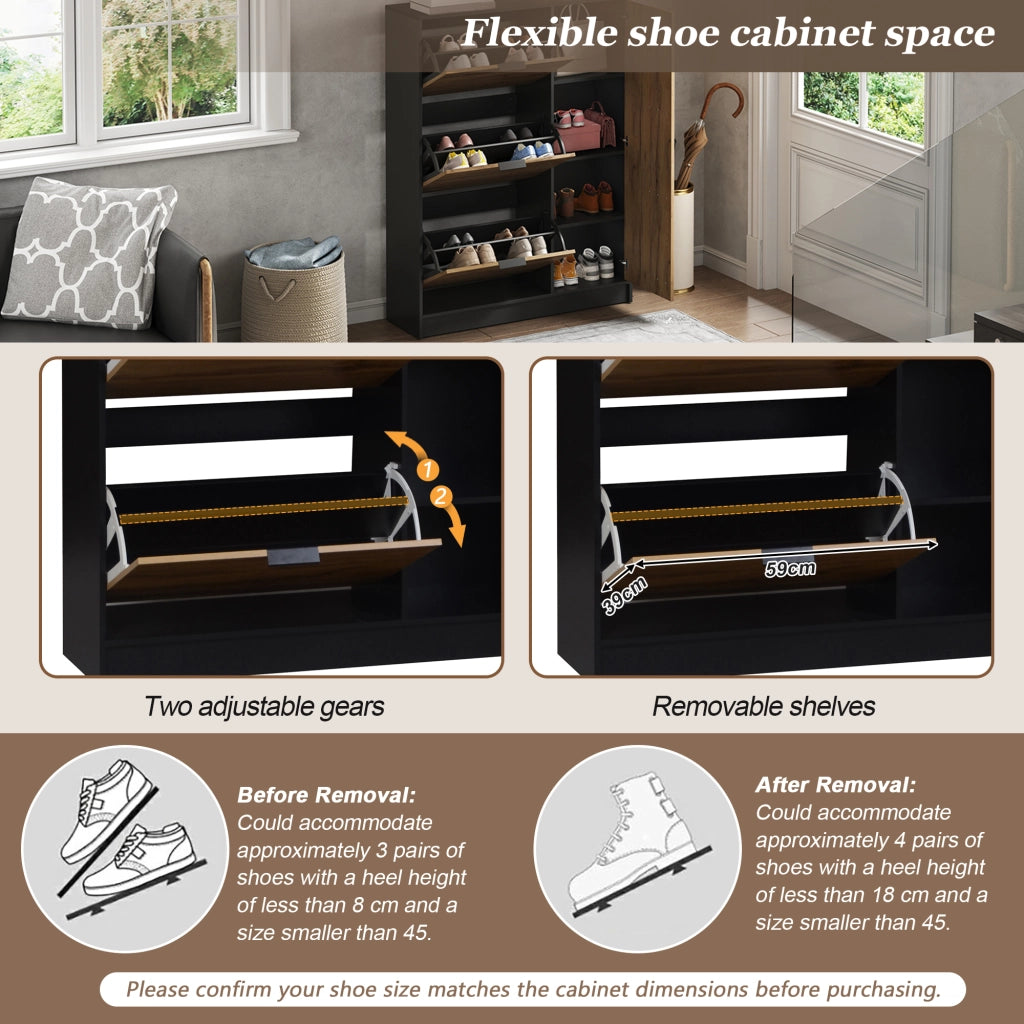 Scarpiera con 3 ante a ribalta e 1 vano con sportello, per ingresso, in MDF, naturale e nero, 100 × 30 × 130 cm