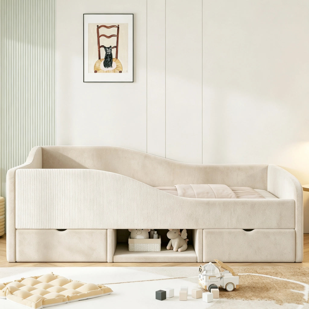 Letto imbottito per bambini 90 x 190 cm con cassetti e sponde; velluto beige