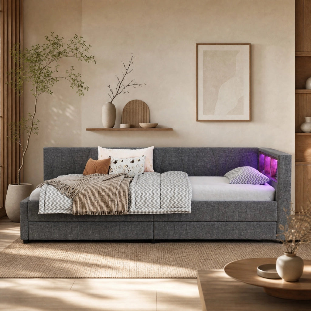 LETTO Giorno 90x200 cm Grigio in lino e MDF con USB e LED