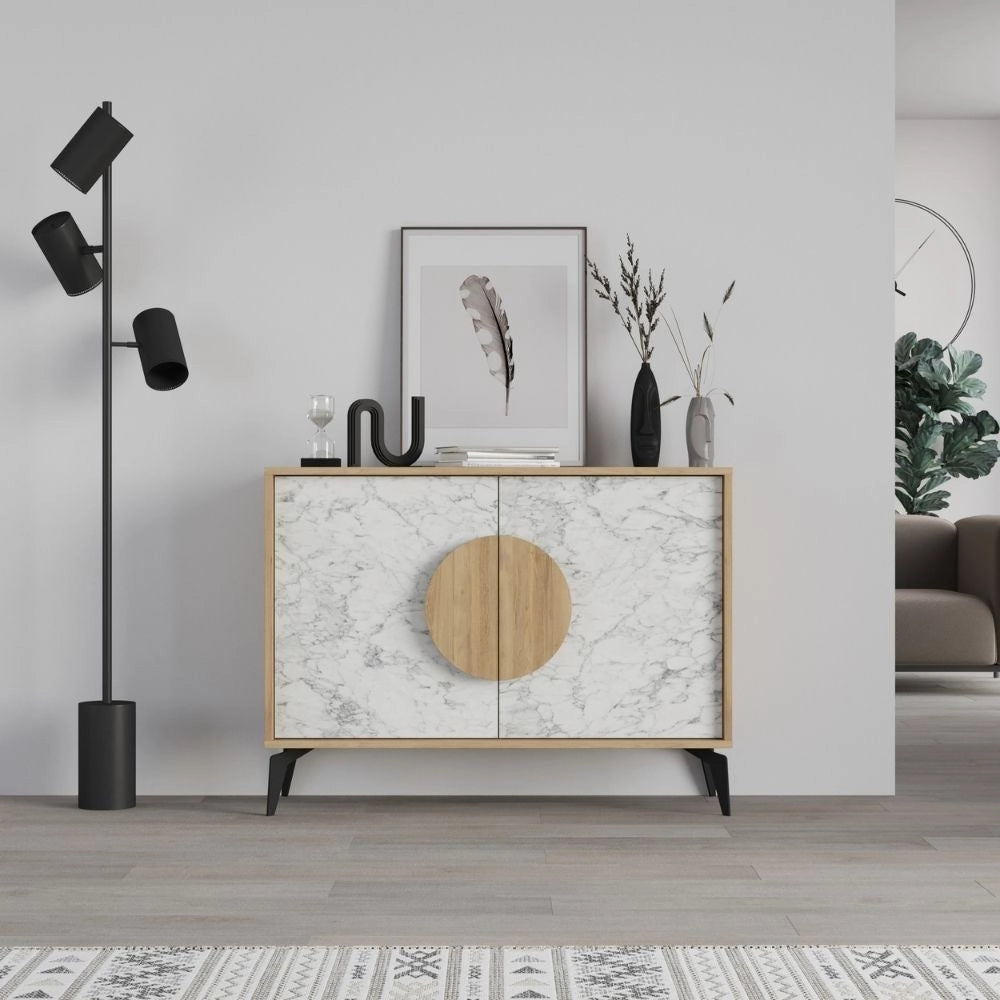 Madia 2 ante Gora110 110x35,6x82 colore bianco effetto marmo carrara e rovere