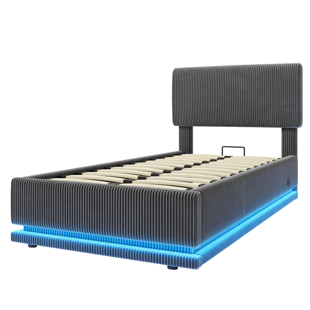 Letto imbottito 90x200 cm in tessuto corduroy grigio scuro con testiera regolabile; LED e USB-C