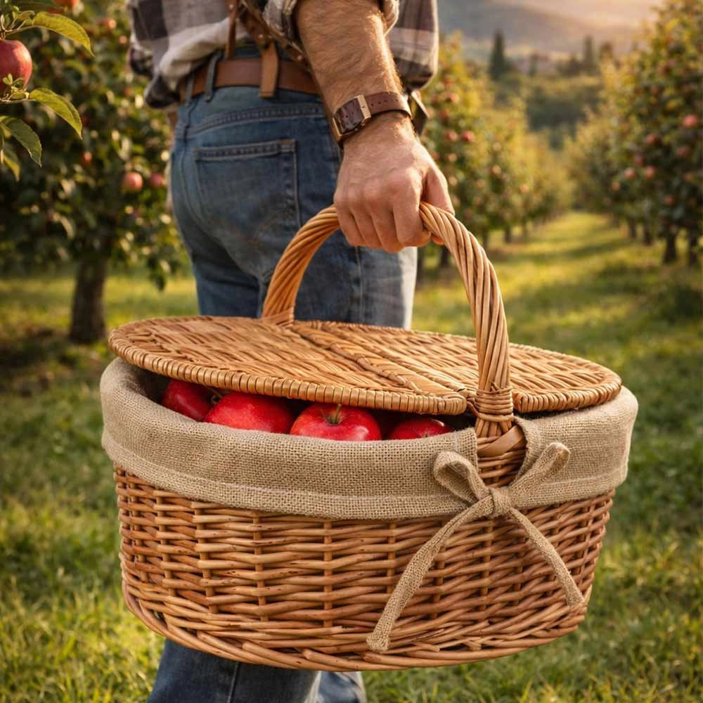 Cesto picnic campagnola Grande in Vimini e Juta con Coperchio cm 50 x 32 x h 42