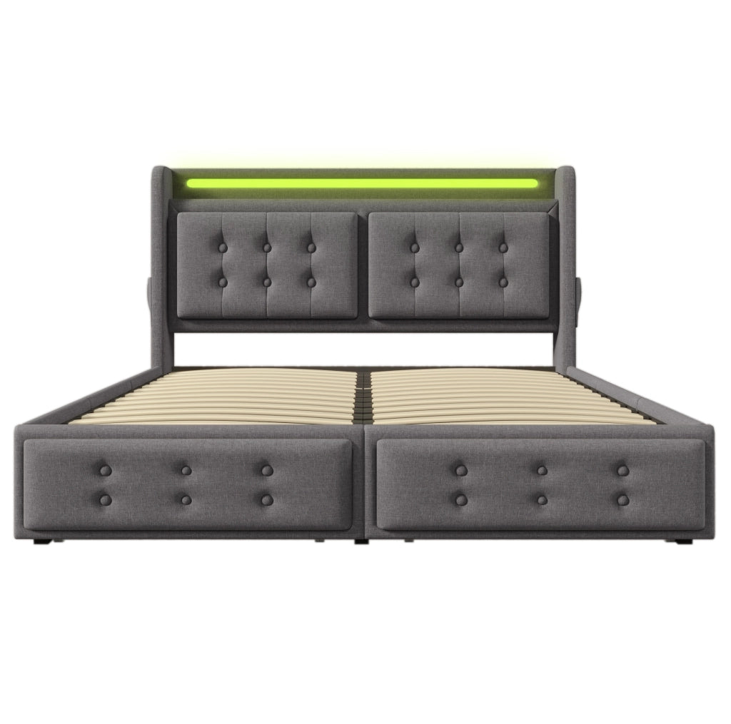 Letto matrimoniale 140x200 cm con LED; USB C e 4 cassetti; tessuto cotone e lino grigio
